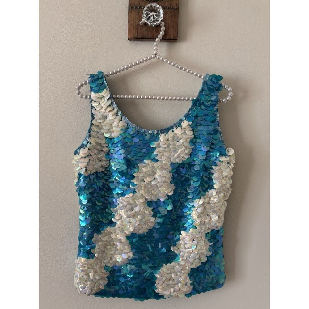 Vintage Regalia Imports Womens Size M Sequined Sleeveless Top Blue Cream